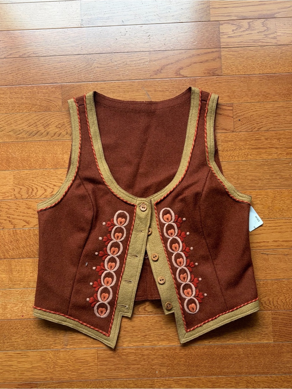 Embroidered Vest Felt Fall Front Button Brown